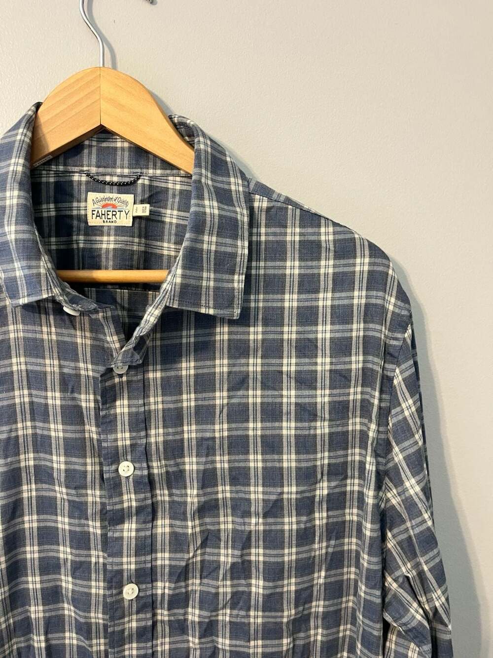 Faherty, Blue Plaid Long Sleeve Button Down,Performance,Elevated Basic,L